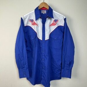 ELY DIAMOND Mens Long Sleeve Western Shirt Blue White American Flag Wings Size L